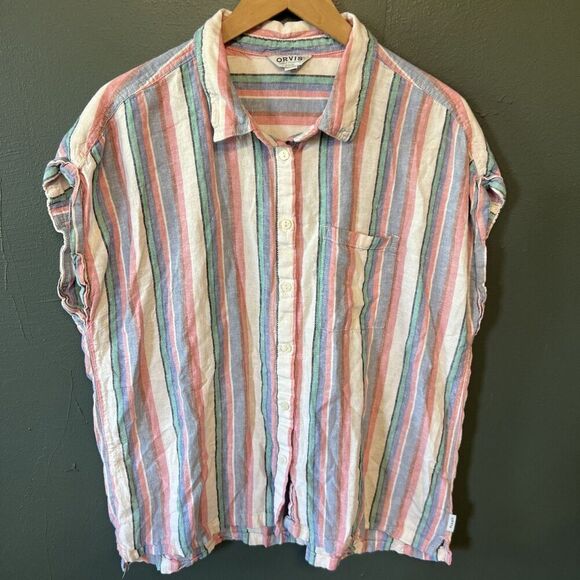 Orvis Womens Linen Blend Button Down Shirt Striped Short Sleeve Relaxed Fit XL - Picture 1 of 5